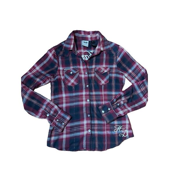 Harley-Davidson Red Orange Black Plaid Snap Front Embroidered Western Shirt Sz X - Picture 9 of 11